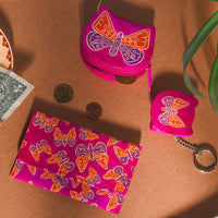 Pink Genuine Leather Butterfly Coin Pouch, Keychain and Wallet (4.5"x3")