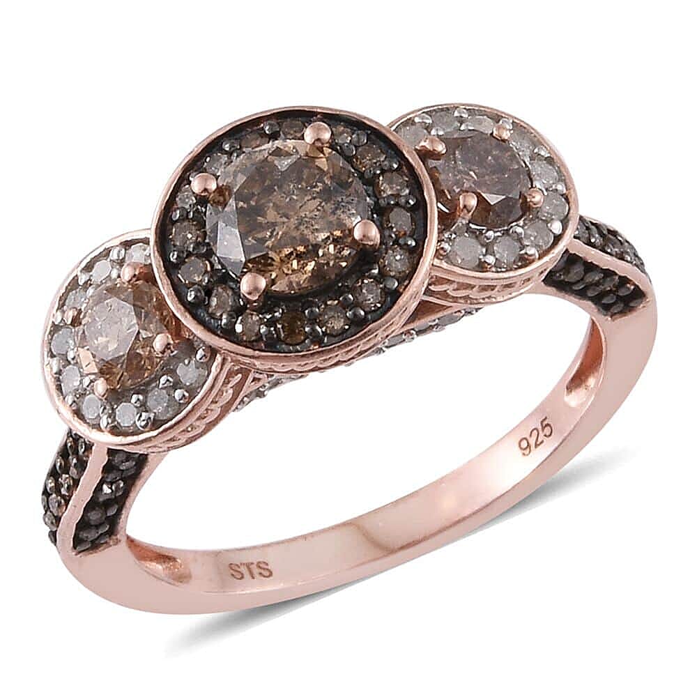 Natural Champagne and White Diamond Ring in 14K Rose Gold Over Sterling Silver (Size 7.0) 2.00 ctw