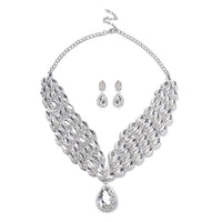 White Chroma and White Austrian Crystal Earrings and Collar Necklace 20 Inches in Silvertone