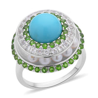 American Natural Sleeping Beauty Turquoise and Multi Gemstone Pearl Slider Ring in Rhodium Over Sterling Silver 5.35 ctw