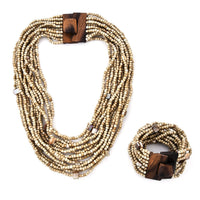 Beige Seed Beaded and Shell Wooden Buckle Stretch Bracelet and Multi Strand Necklace 19 Inches