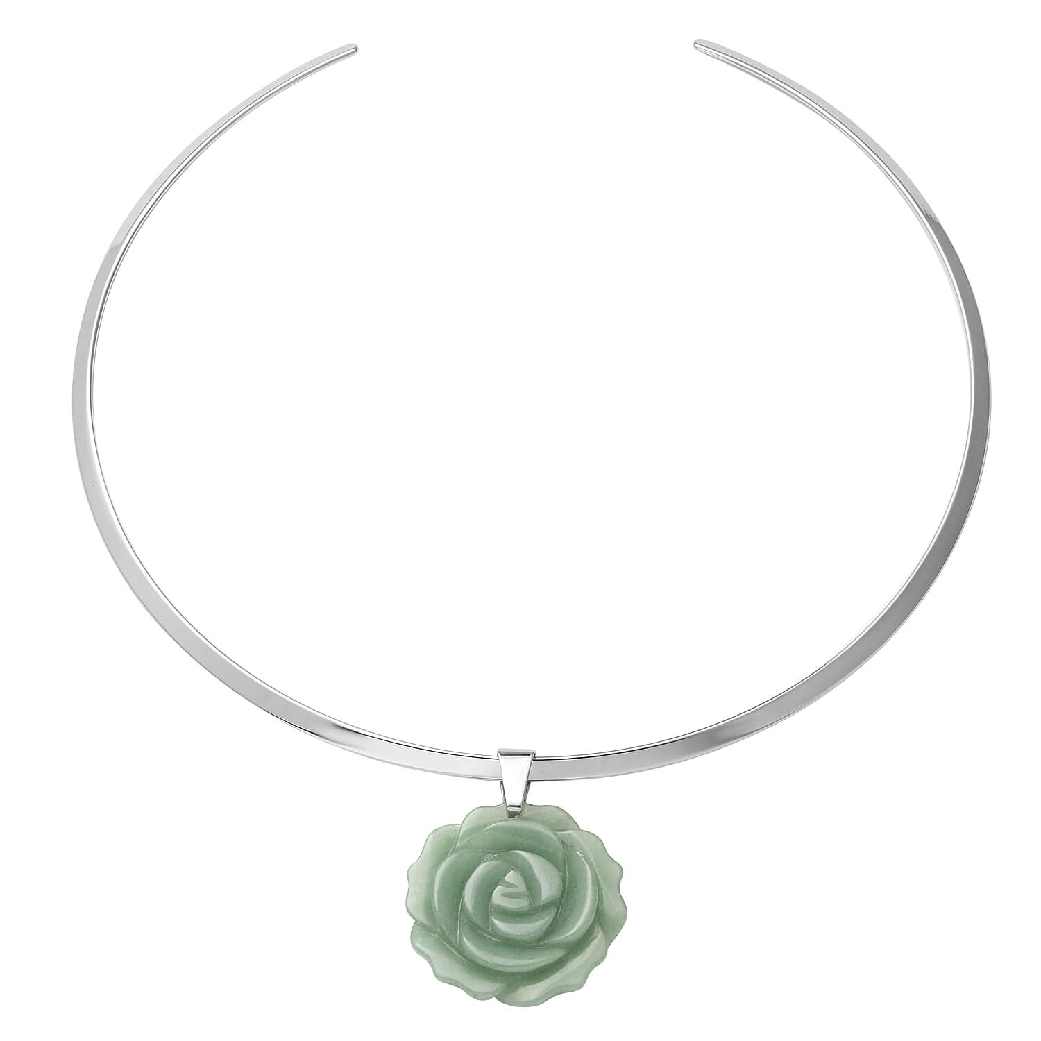 Green Aventurine Carved Rose Pendant with Choker Necklace 15 Inches in Stainless Steel 56.00 ctw