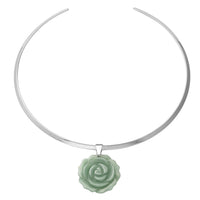 Green Aventurine Carved Rose Pendant with Choker Necklace 15 Inches in Stainless Steel 56.00 ctw