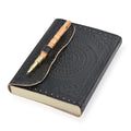 Handmade Black Paper Notebook with Floral Embossed Genuine Leather Cover and Wooden Pen - Sticky add to cart bar