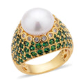 Freshwater White Pearl, Simulated Green and White Diamond Ring in Goldtone 3.50 ctw - Sticky add to cart bar
