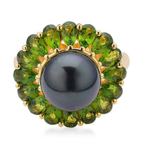 Tahitian Cultured Pearl and Natural Chrome Diopside Flower Ring in Vermeil Yellow Gold Over Sterling Silver 4.15 ctw