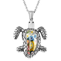 Multi Color Murano Style Turtle Pendant Necklace 20 Inches in Black Oxidized Stainless Steel