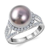 Tahitian Cultured Pearl and Natural White Zircon Triple Split Shank Ring in Platinum Over Sterling Silver 1.35 ctw