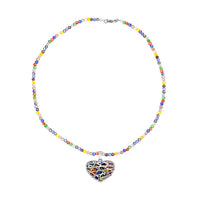 Murano Style and Multi Gemstone Heart Pendant Necklace 20 Inch in Stainless Steel
