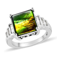 Canadian Ammolite and Diamond Ring in Platinum Over Sterling Silver 0.20 ctw