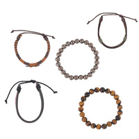 Set of 5 Black Onyx, Wooden Beaded and Faux Leather Best Friend Men's Bracelets in Silvertone (Stretch & Adjustable) 137.00 ctw