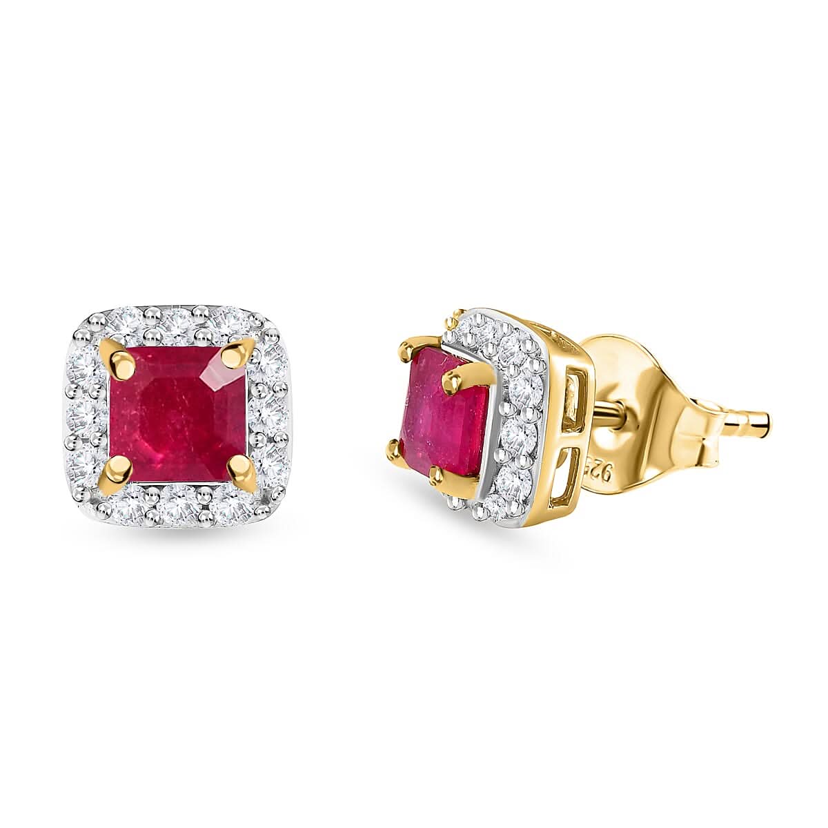 D'Joy Asscher Cut Niassa Ruby (FF) and White Zircon 2.50 ctw Earrings in 14K Yellow Gold Over Sterling Silver