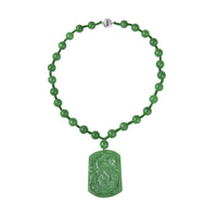 Green Jade Dragon Carved Pendant with Beaded Necklace 18 Inches in Sterling Silver 553.50 ctw