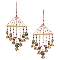 Set of 2 Handcrafted Wooden Elephant Wind Chime and Big Iron bell