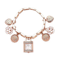 STRADA Japanese Movement White Austrian Crystal Multi-charm Bracelet Watch in Rose Gold Tone (up to 8 Inches)