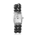 GENOA Austrian Crystal Miyota Japanese Movement Shungite Bead Stretch Bracelet Watch in Silvertone with Stainless Steel Back 196.40 ctw - Sticky add to cart bar