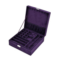 Blue 2 Tier Faux Velvet Multiple Compartment Jewelry Box with Lock and Key