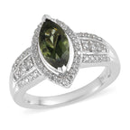 Bohemian Moldavite and Zircon Ring in Platinum Over Sterling Silver 1.40 ctw