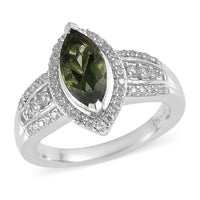 Bohemian Moldavite and Zircon Ring in Platinum Over Sterling Silver 1.40 ctw