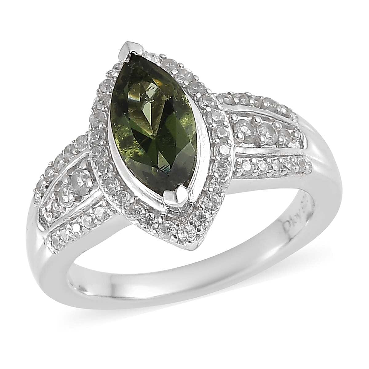 Bohemian Moldavite and Zircon Ring in Platinum Over Sterling Silver 1.40 ctw (1)