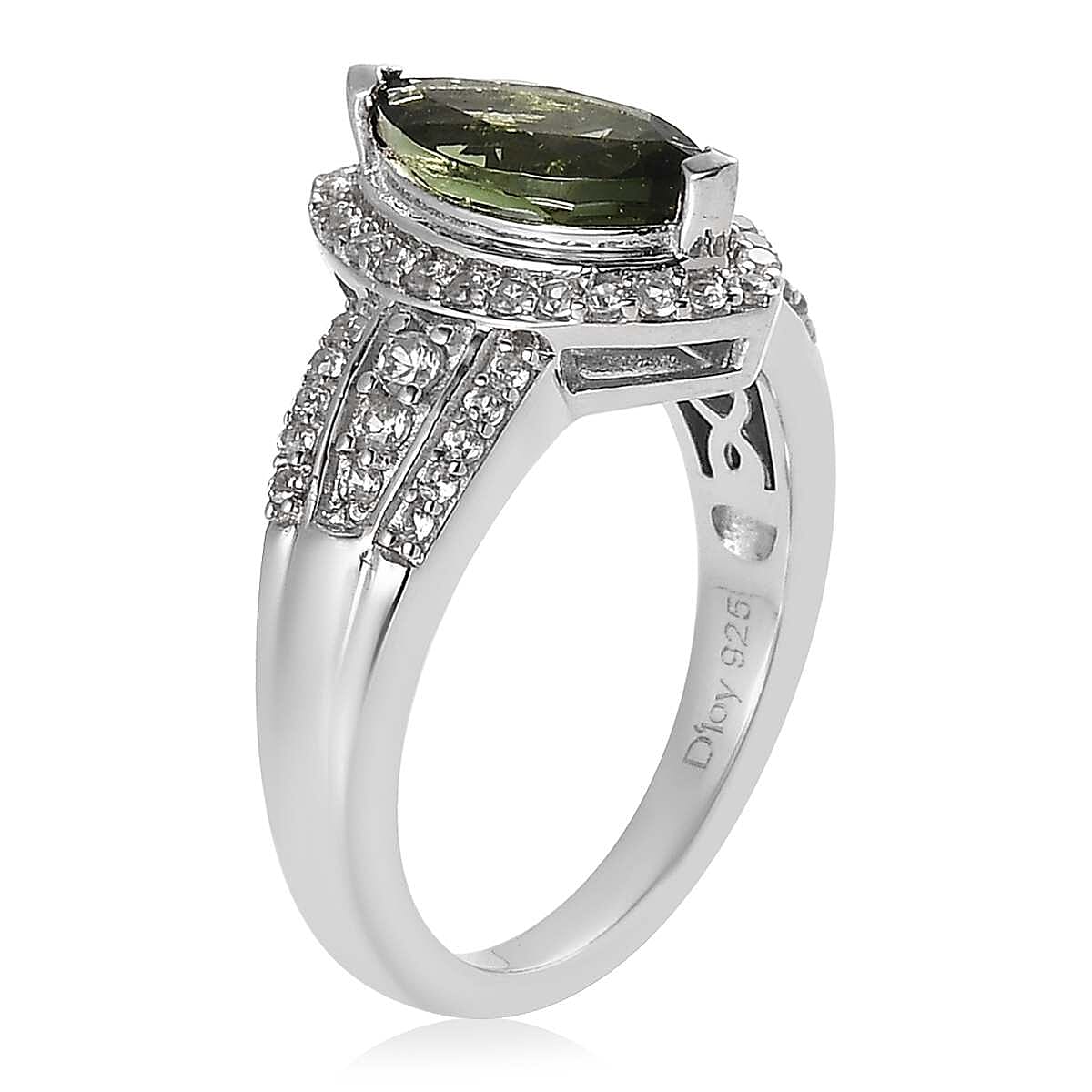 Bohemian Moldavite and Zircon Ring in Platinum Over Sterling Silver 1.40 ctw (4)