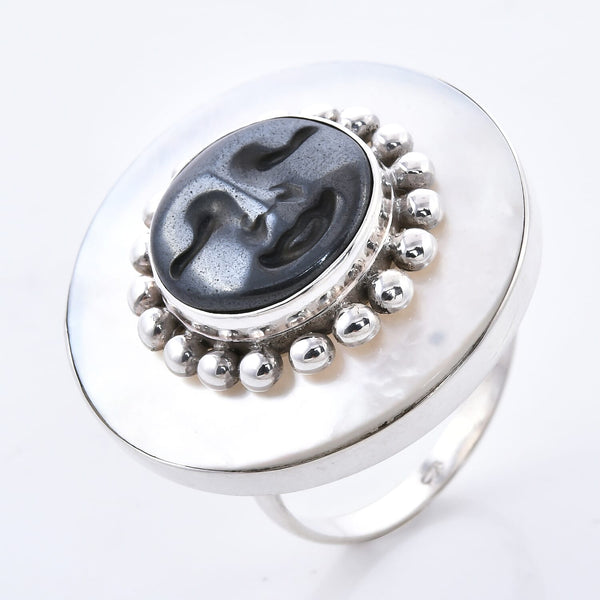 Sajen Silver 11 ctw Hematite and Mother of Pearl Carved Ring in Sterling Silver (Size 8.0) 7.30 Grams - Product card gallery slide 1 (9431098491135)