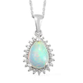 Premium Ethiopian Welo Opal and Natural White Zircon Halo Pendant Necklace 20 Inches Platinum Over Sterling Silver 1.10 ctw - Sticky add to cart bar