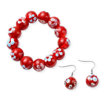 Red Color Murano Style Bracelet (6.00 In) and Earrings in Stainless Steel