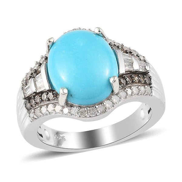 Natural Arizona Sleeping Beauty Turquoise and Natural Champagne and White Diamond Ring in Platinum Over Sterling Silver (Size 11.0) 3.00 ctw - Product card gallery slide 1 (9431099179263)