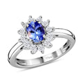 Tanzanite and White Zircon Floral Halo Ring in Platinum Over Sterling Silver - Sticky add to cart bar