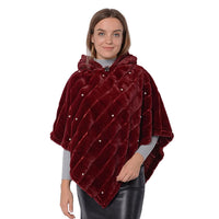 PASSAGE Off White Faux Fur Drawstring Hooded Textured Poncho with Simulated Pearl Accent (One Size Fits Most)