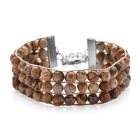 133 ctw Soulth African Yellow Tiger's Eye Three Row Beaded Bracelet in Silvertone (7.50 In)