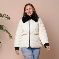 PASSAGE White with Black Faux Fur Collar Puffer Coat (S, 100% Polyester)