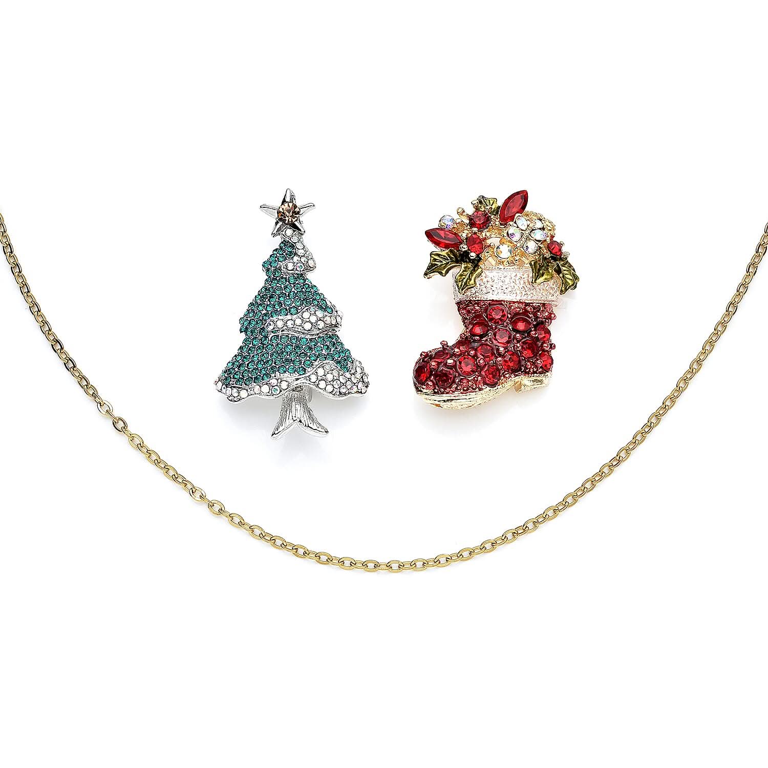 Set of 2 Simulated Ruby and Multi Color Austrian Crystal Christmas Sock and Christmas Tree Brooch OR Pendant Necklace 24 Inches in Dualtone