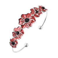 Black Austrian Crystal and Enameled Poppy Flower Cuff Bracelet in Silvertone (6.50 In)