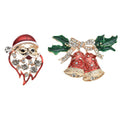 Set of 2 Black and White Austrian Crystal, Enameled Santa Face and Jingle Bells Brooch in Goldtone - Sticky add to cart bar