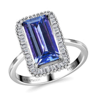 RHAPSODY 950 Platinum AAAA Rare Baguette Cut Tanzanite and E-F VS2 Diamond Halo Ring 5.20 Grams 3.65 ctw