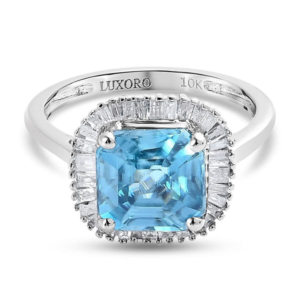10K White Gold Asscher Cut Premium Ratanakiri Blue Zircon and Diamond Ballerina Ring (Size 5.0) 2.20 Grams 3.75 ctw - Product card gallery slide 1 (9431146889471)