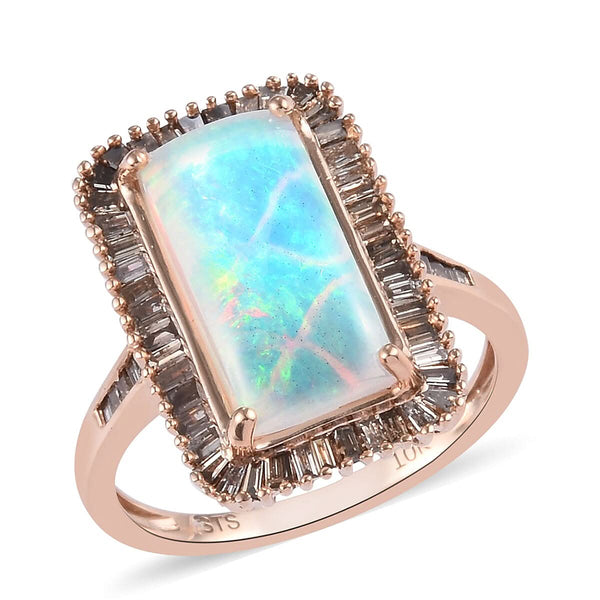 10K Rose Gold AA Ethiopian Welo Opal and Natural Champagne Diamond Ring (Size 10.0) 4.60 Grams 3.40 ctw - Product card gallery slide 1 (9431237165311)