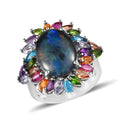 Australian Boulder Opal Triplet, Multi Gemstone Floral Spray Ring in Platinum Over Sterling Silver 5.65 ctw - Sticky add to cart bar