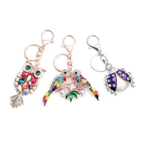 Set of 3 Multi Color Austrian Crystal, Enameled Flamingo, Elephant and Owl Keychain in Rosetone