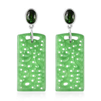 Carved Green Jade (D) 22.80 ctw Dangle Earrings, Green Jade Earrings, Chrome Diopside Accent Earrings, Rhodium Over Sterling Silver Earrings