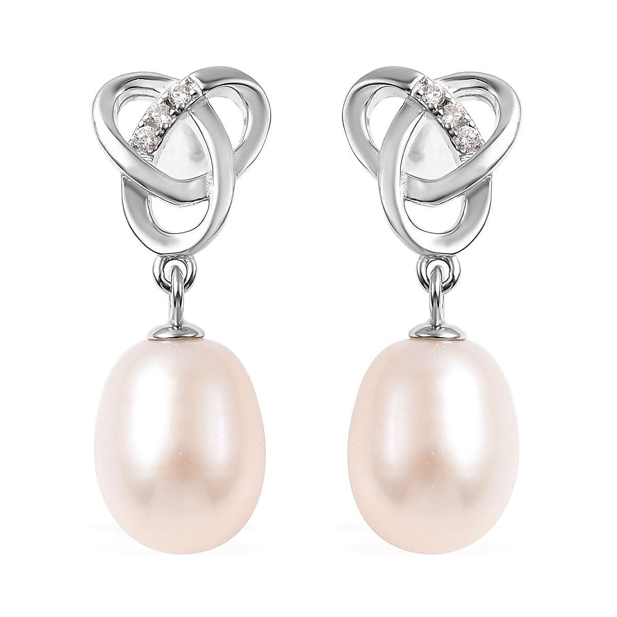 White Freshwater Pearl and Simulated Diamond Drop Earrings in Rhodium Over Sterling Silver