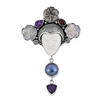 Bali Goddess Carved Bone and Multi Gemstone Pendant in Sterling Silver 5.90 ctw