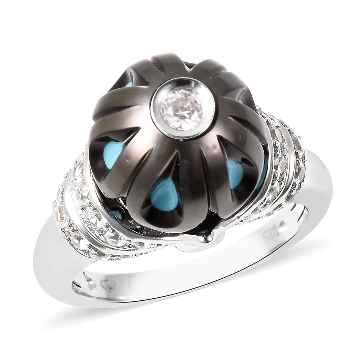 Galatea Pearl Collection Tahitian Pearl Carved and White Zircon Enameled Ring in Rhodium Over Sterling Silver (Size 7.0)