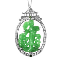 Green Jade (D) Carved, Chrome Diopside Lady in Garden with Sunflower Pendant Necklace 18 Inches in Rhodium Over Sterling Silver 21.15 ctw