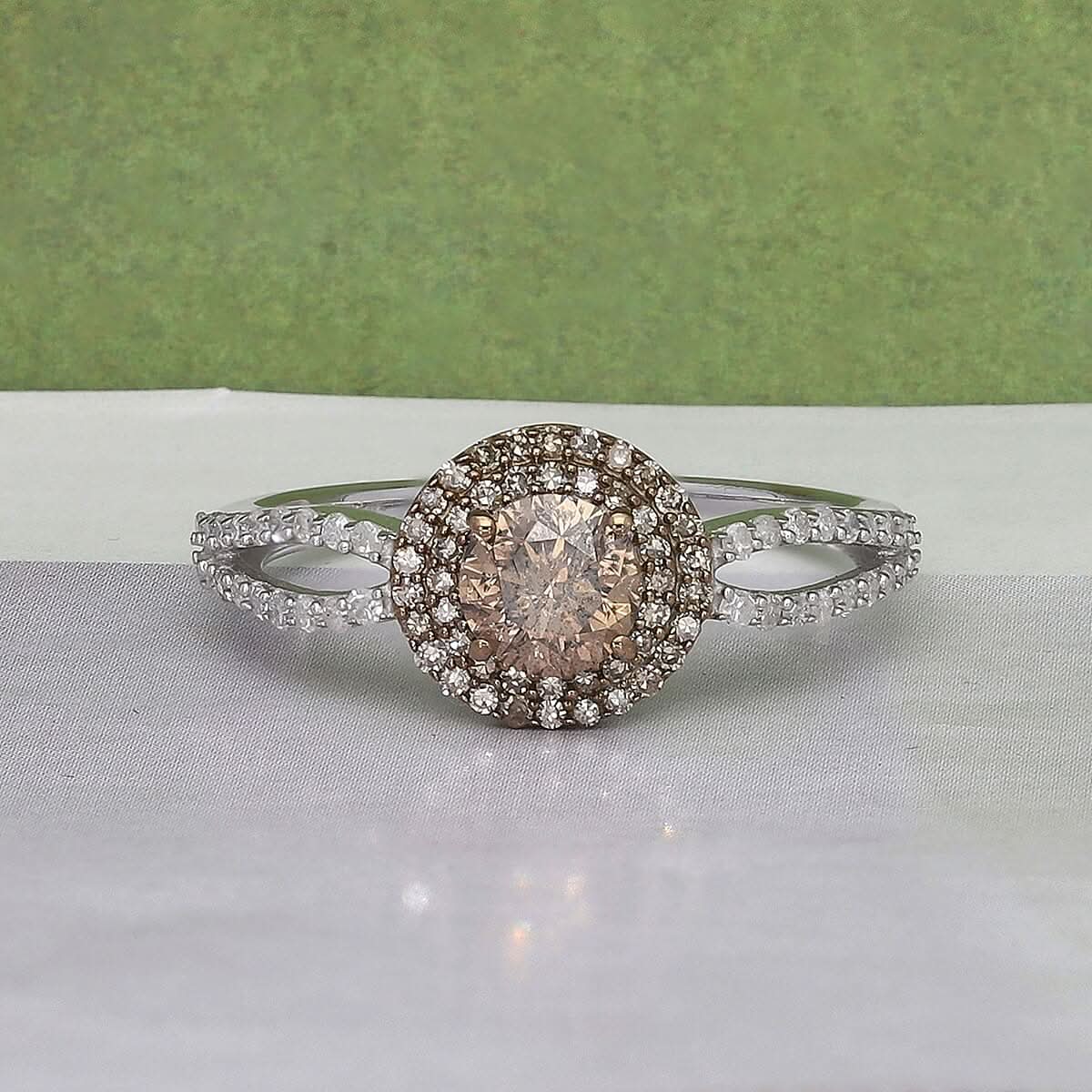 Natural Champagne and White Diamond Ring in Platinum Over Sterling Silver (Size 9.0) 1.00 ctw (2)