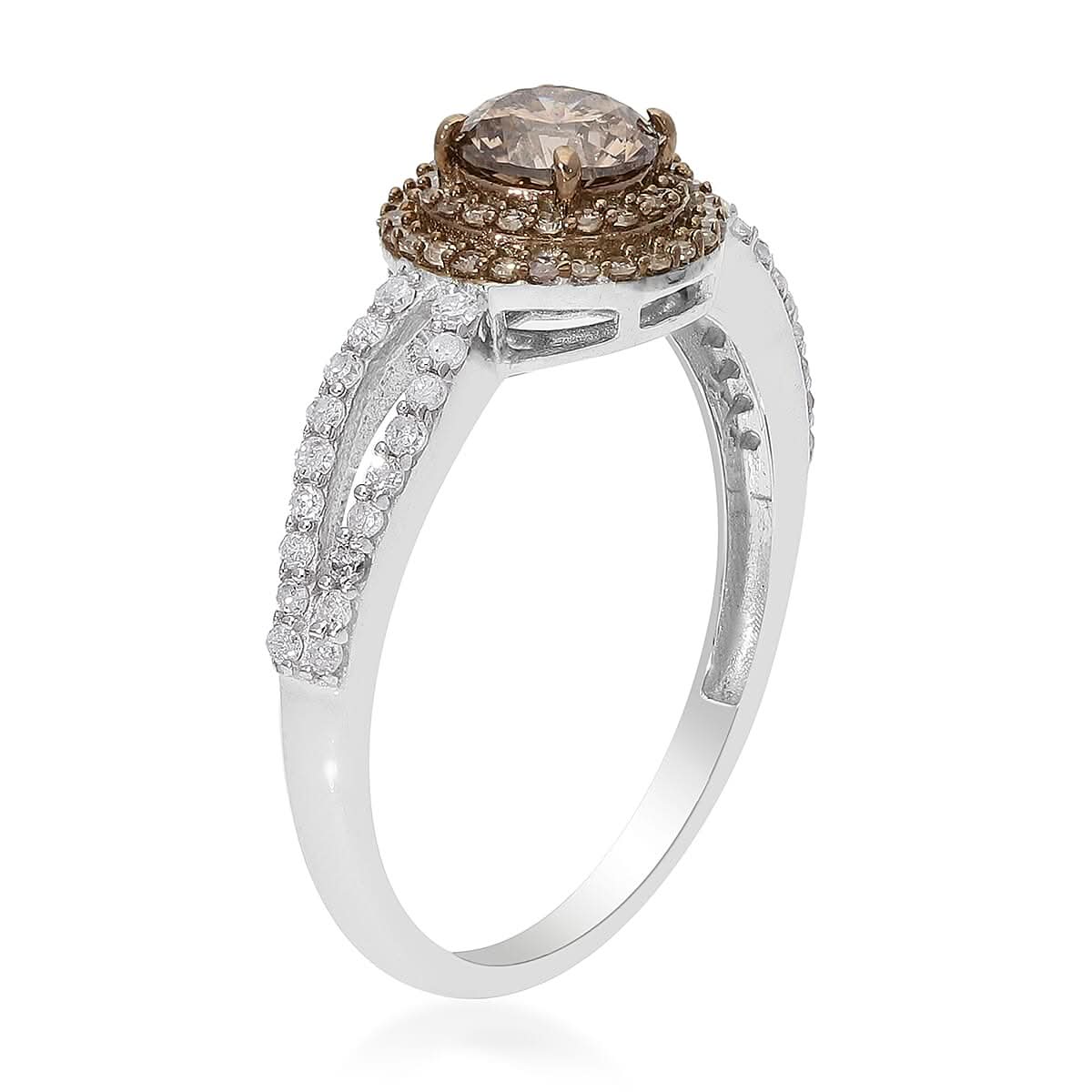Natural Champagne and White Diamond Ring in Platinum Over Sterling Silver (Size 9.0) 1.00 ctw (4)