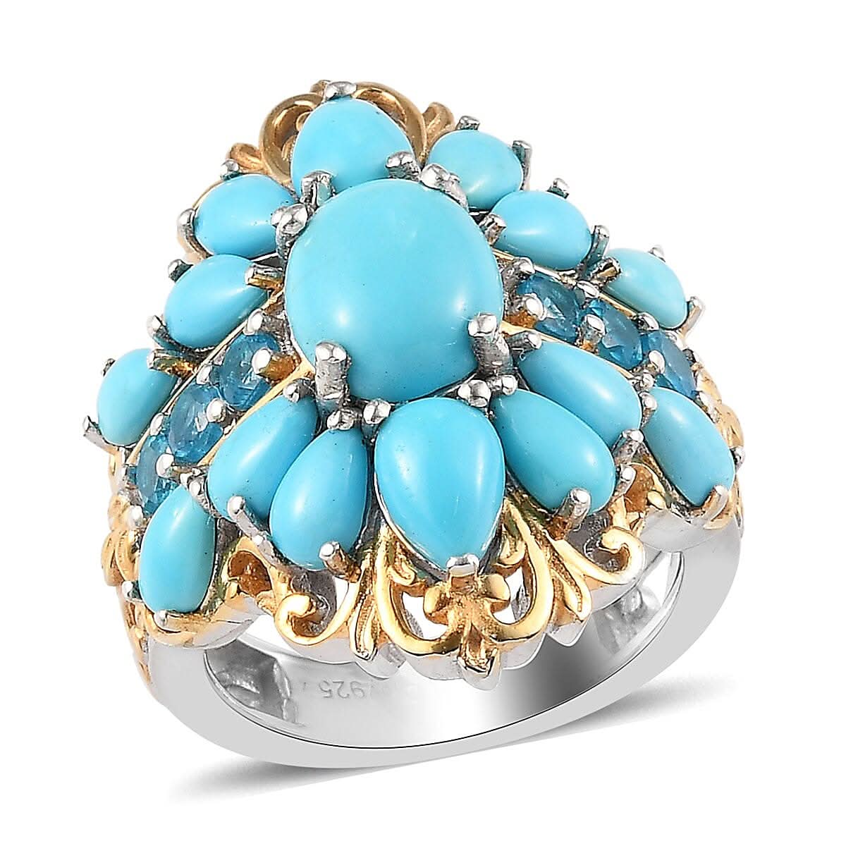 AMERICAN Natural Sleeping Beauty Turquoise, Malgache Neon Apatite Ring in Vermeil YG & Platinum Over Sterling Silver (Size 11.0) 5.30 ctw