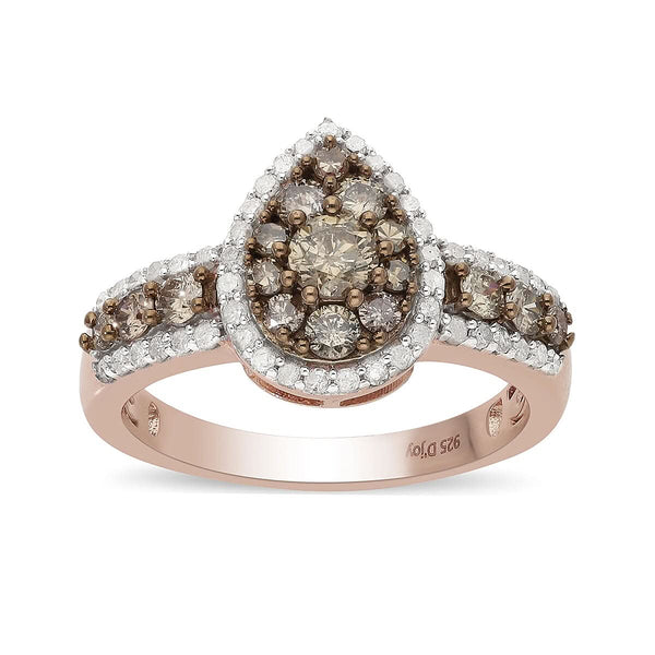 Natural Champagne and White Diamond Ring in Rhodium and Vermeil Rose Gold Over Sterling Silver (Size 7.0) 1.00 ctw - Product card gallery slide 1 (9431146529023)